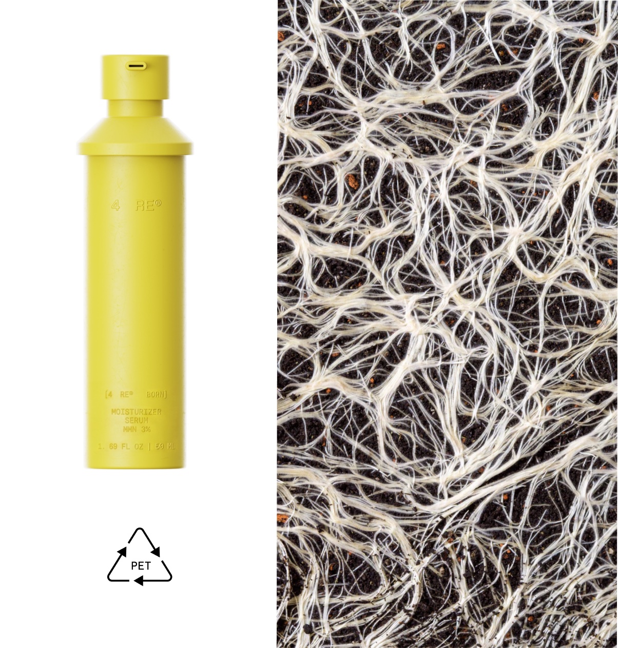4RE yellow refill bottle with mycelium packaging and PET recycling triangle